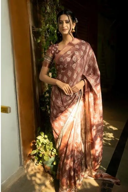 Generic Women's Polyester Printed Saree With Unstitched Blouse 5.5 Mtr (Maroon)