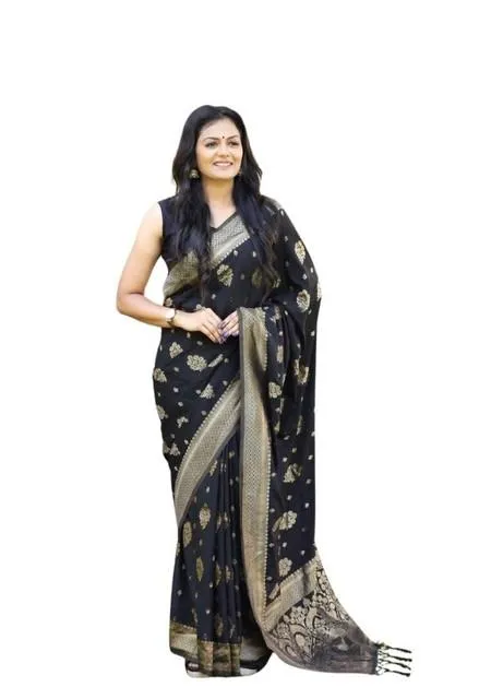 Generic Women's Soft Lichi Silk Printed Saree With Unstitched Blouse 5.5Mtr (Black)