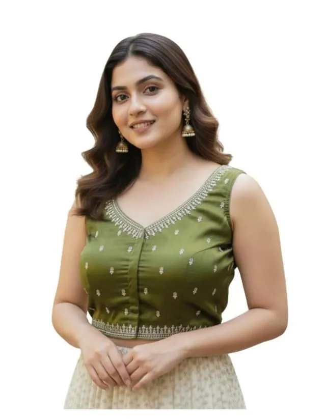 Generic Women's Zimmi Choo Sequin Work V-Neck Padded Blouse (Olive 38 Ready (Self Alterable 36–40)