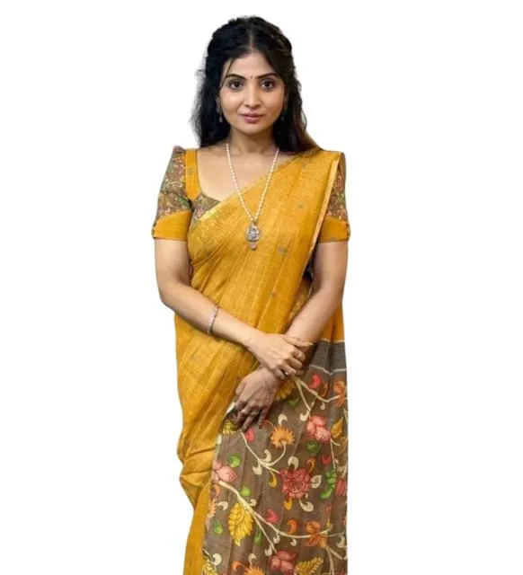 Generic Women's Linen Printed Saree With Unstitched Blouse 5.5Mtr (Mustard)