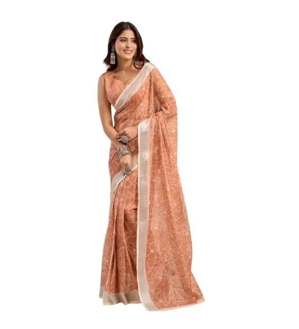 Generic Women's Linen Cotton Printed Ready To Wear Saree With Unstitched Blouse 5.5 Mtr (Peach)