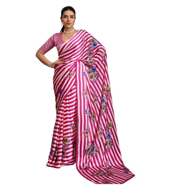 Generic Women's Satin Crepe Printed Saree With Unstitched Blouse 5.5Mtr (Pink)