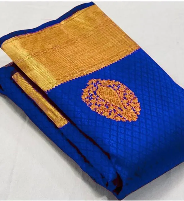 Generic Women's Soft Lichi Silk Printed Saree With Unstitched Blouse 5.5Mtr (Royal-Blue)