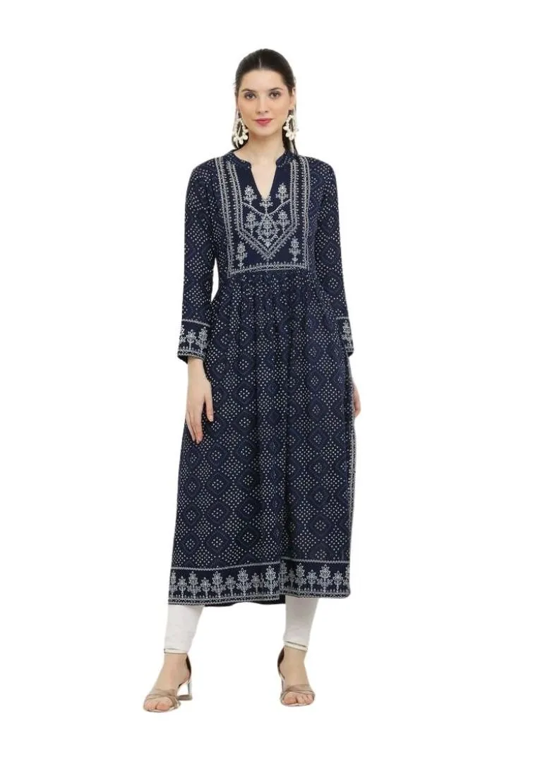 Generic Women's Casual Rayon Full sleeve Kurti (Blue)