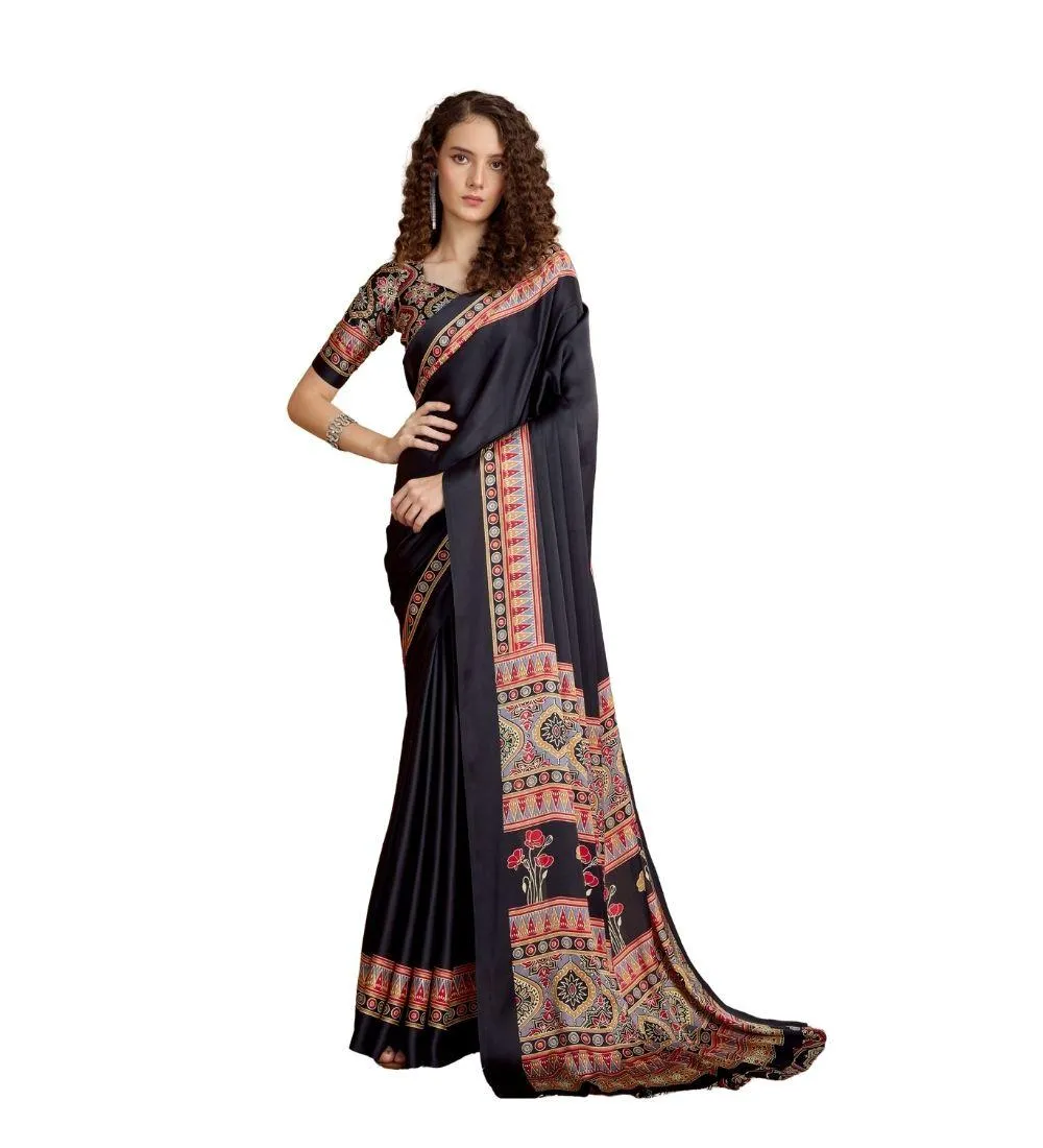 Generic Women's Satin Crepe Printed Saree With Unstitched Blouse 5.5Mtr (Black)