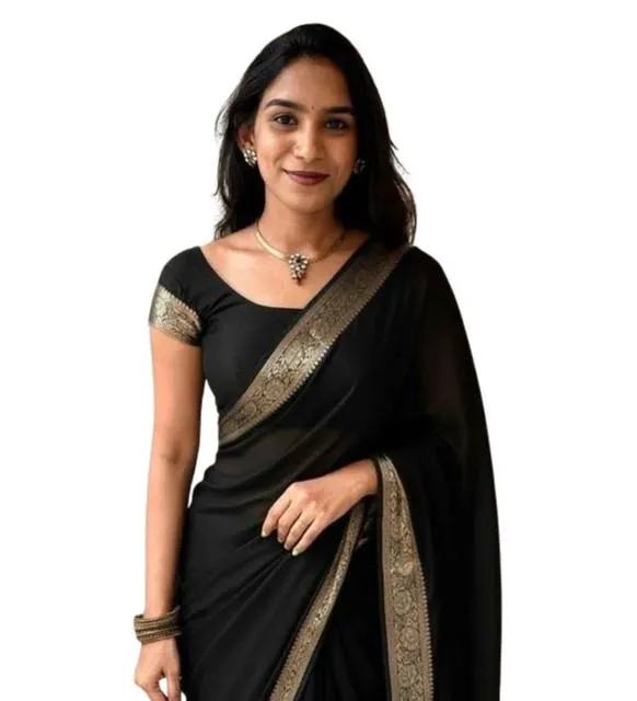 Generic Women's Vichitra Silk Printed Saree With Unstitched Blouse 5.5Mtr (Black)