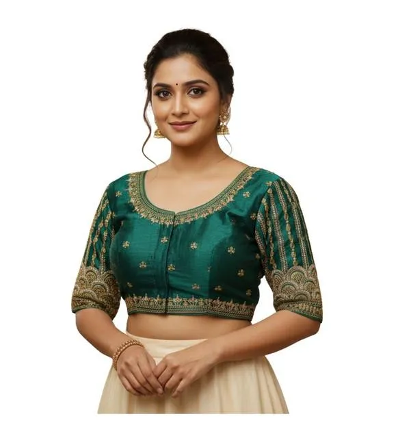 Generic Women's Phantom Silk Embroidered Designer Neck Padded Blouse (Teal 38 Ready (Alterable up to 42)