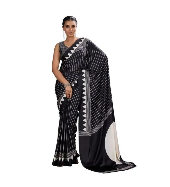 Generic Women's Satin Crepe Printed Saree With Unstitched Blouse 5.5Mtr (Black)