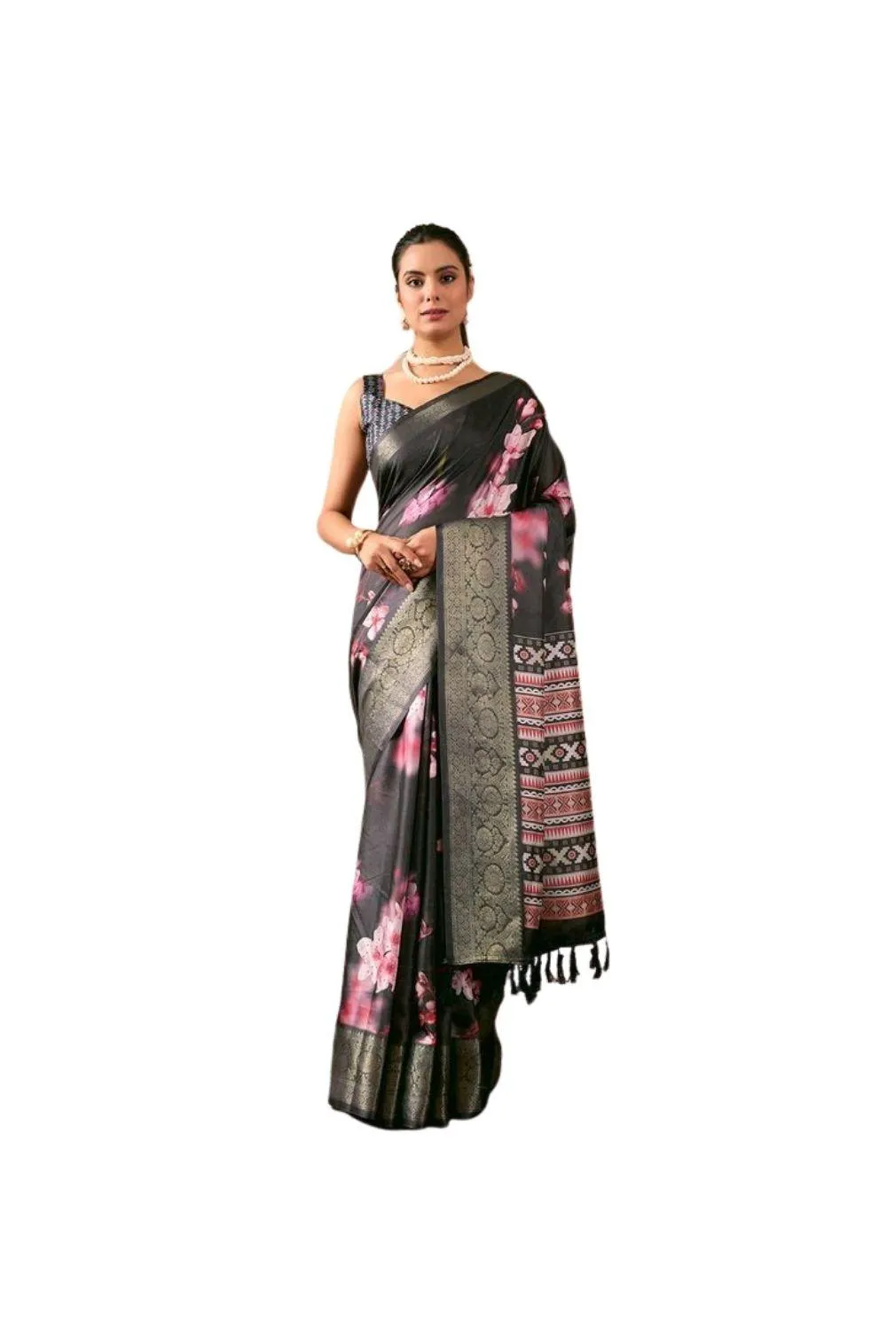 Generic Women's Faux_Silk Printed Saree With Unstitched Blouse 5.5Mtr (Black)