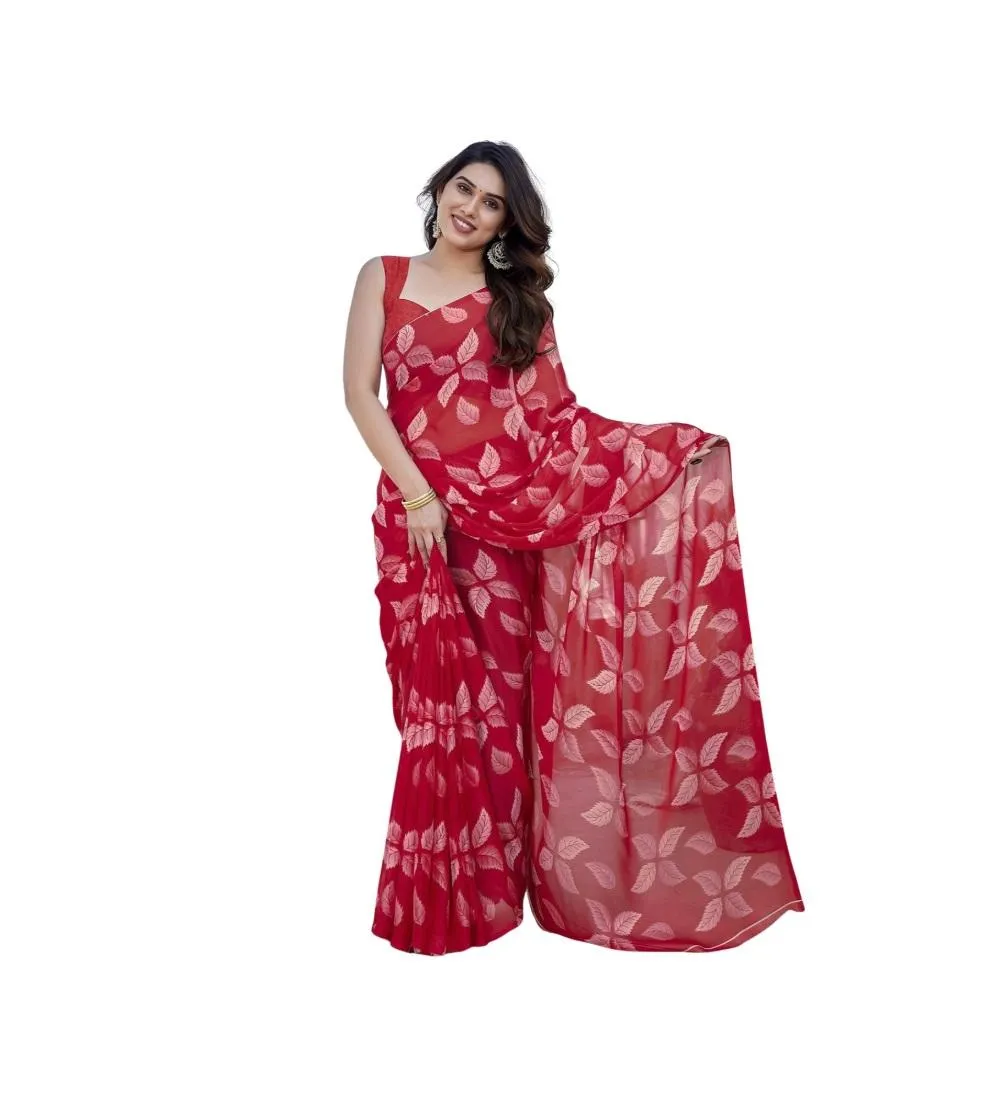 Generic Women's Chiffon Printed Saree With Unstitched Blouse 5.5Mtr (Red)