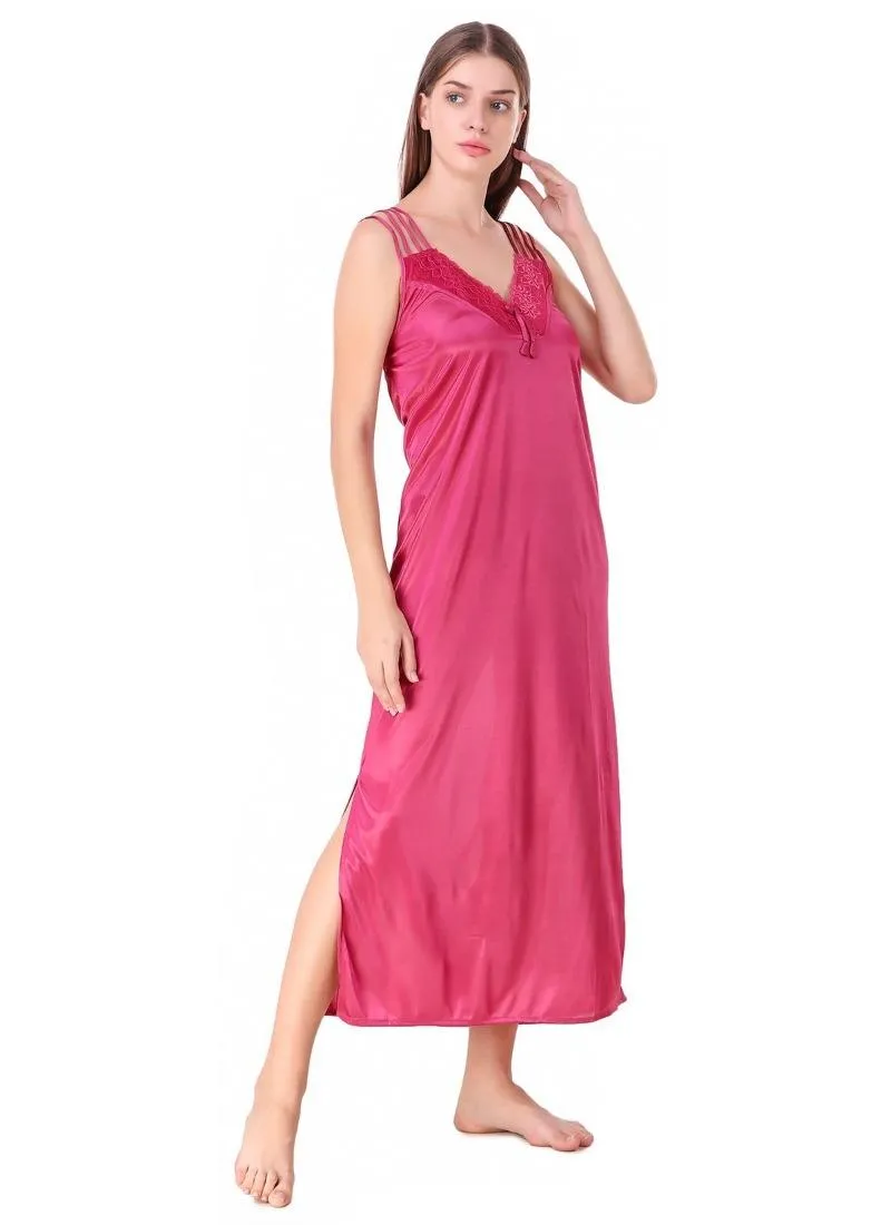 Women's Satin 2 PCs Set of Nighty And Wrap Gown with Half Sleeve(Color: Coral Pink, Neck Type: V Neck)