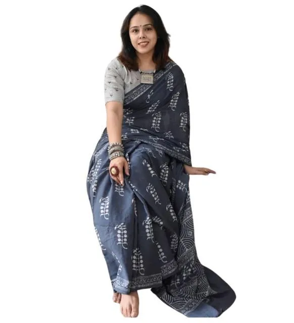 Generic Women's Linen Printed Saree With Unstitched Blouse 5.5Mtr (Grey)