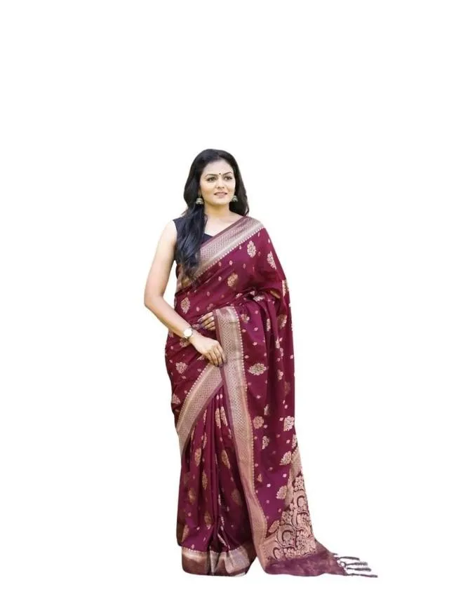 Generic Women's Soft Lichi Silk Printed Saree With Unstitched Blouse 5.5Mtr (Wine)