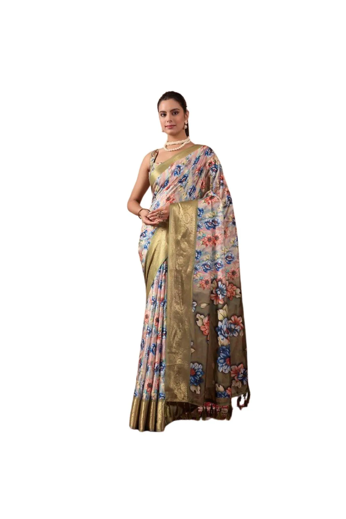 Generic Women's Silk_Blend Printed Saree With Unstitched Blouse 5.5Mtr (Olive)