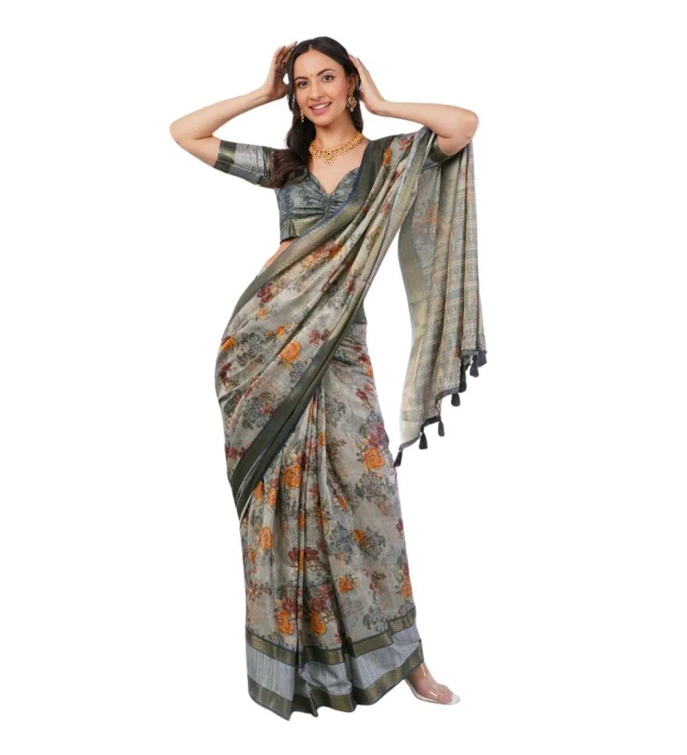Generic Women's Polyester Printed Ready To Wear Saree With Unstitched Blouse 5.5 Mtr (Light Grey)