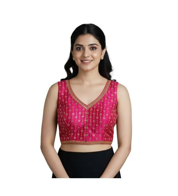 Generic Women's Silk Blend Embroidered V-Neck Non Padded Blouse (Pink 38 Ready (Alterable up to 42)