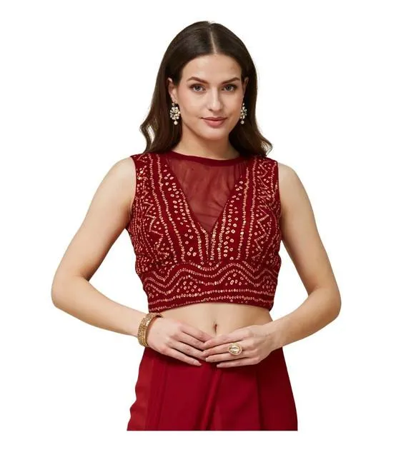Generic Women's Rayon Cotton Bandhani Printed Halter Neck Non Padded Blouse (Maroon 38 Ready (Alterable up to 42)