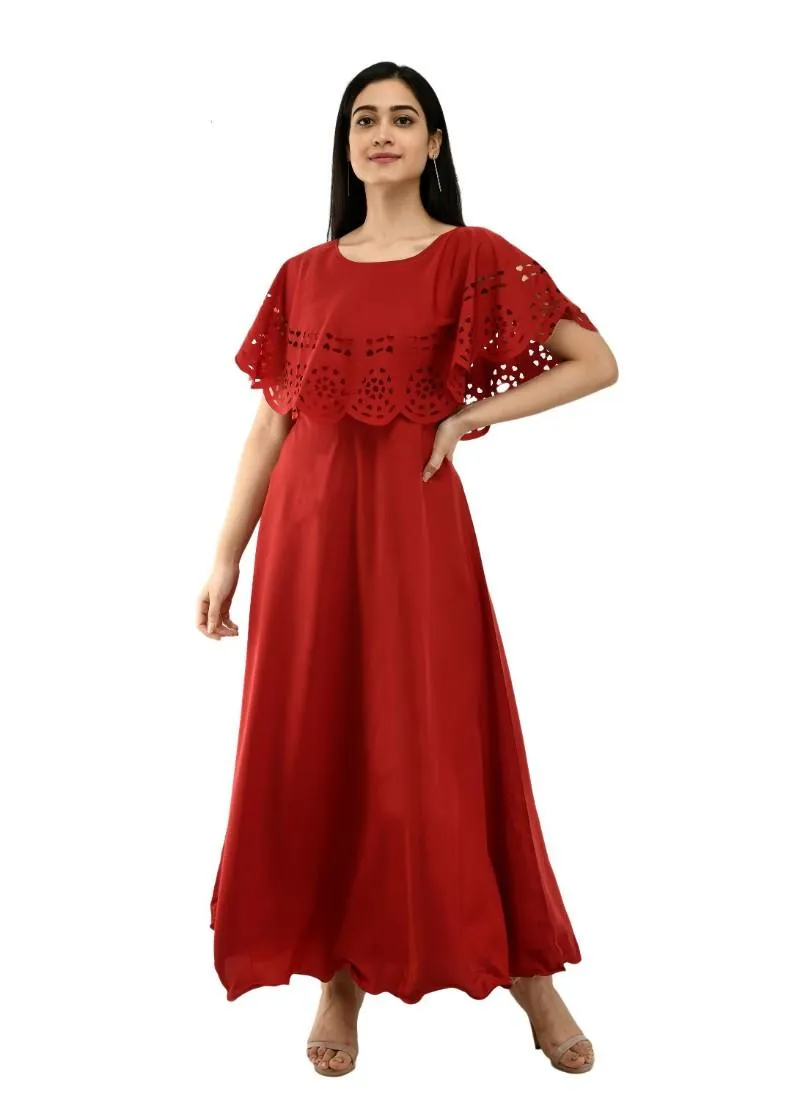 Generic Women's Crepe Solid Sleeveless Full Length Gown(Red)