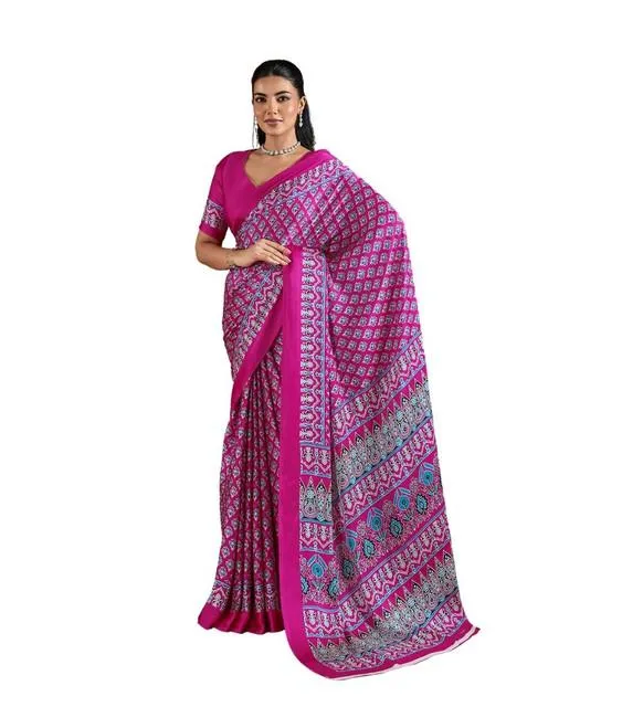Generic Women's Satin Crepe Printed Saree With Unstitched Blouse 5.5Mtr (Pink)