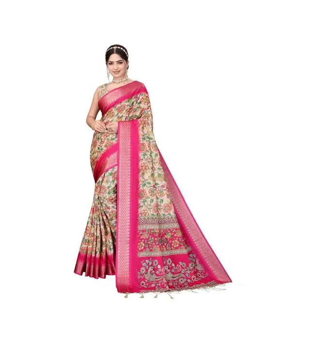 Generic Women's Cotton Silk  Printed Saree With Unstitched Blouse 5.5Mtr (Pink)