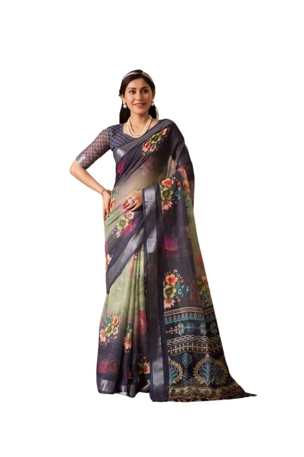 Generic Women's Faux_Linen Printed Saree With Unstitched Blouse 5.5Mtr (Navy_Blue)