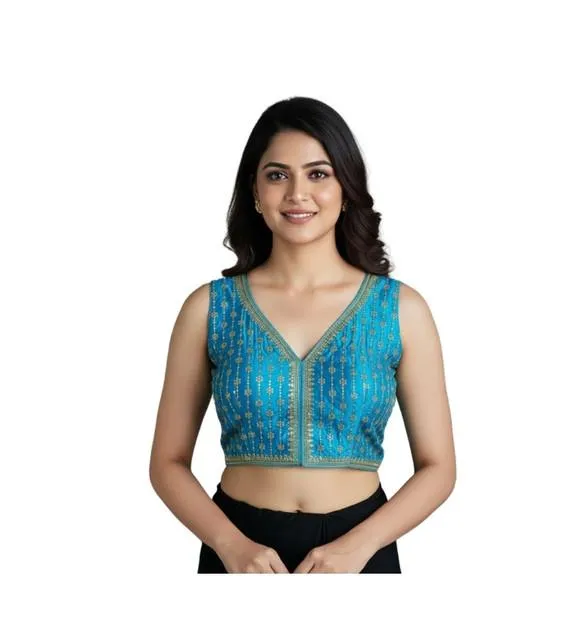 Generic Women's Silk Blend Embroidered V-Neck Non Padded Blouse (Sky 38 Ready (Alterable up to 42)