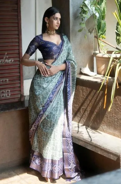 Generic Women's Polyester Printed Saree With Unstitched Blouse 5.5 Mtr (Green)