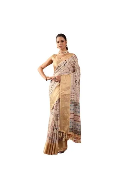 Generic Women's Faux_Silk Printed Saree With Unstitched Blouse 5.5Mtr (Beige)