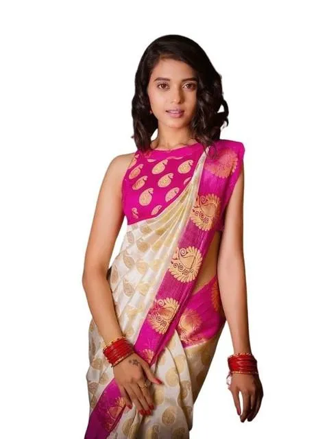 Generic Women's Soft Lichi Silk Printed Saree With Unstitched Blouse 5.5Mtr (White)