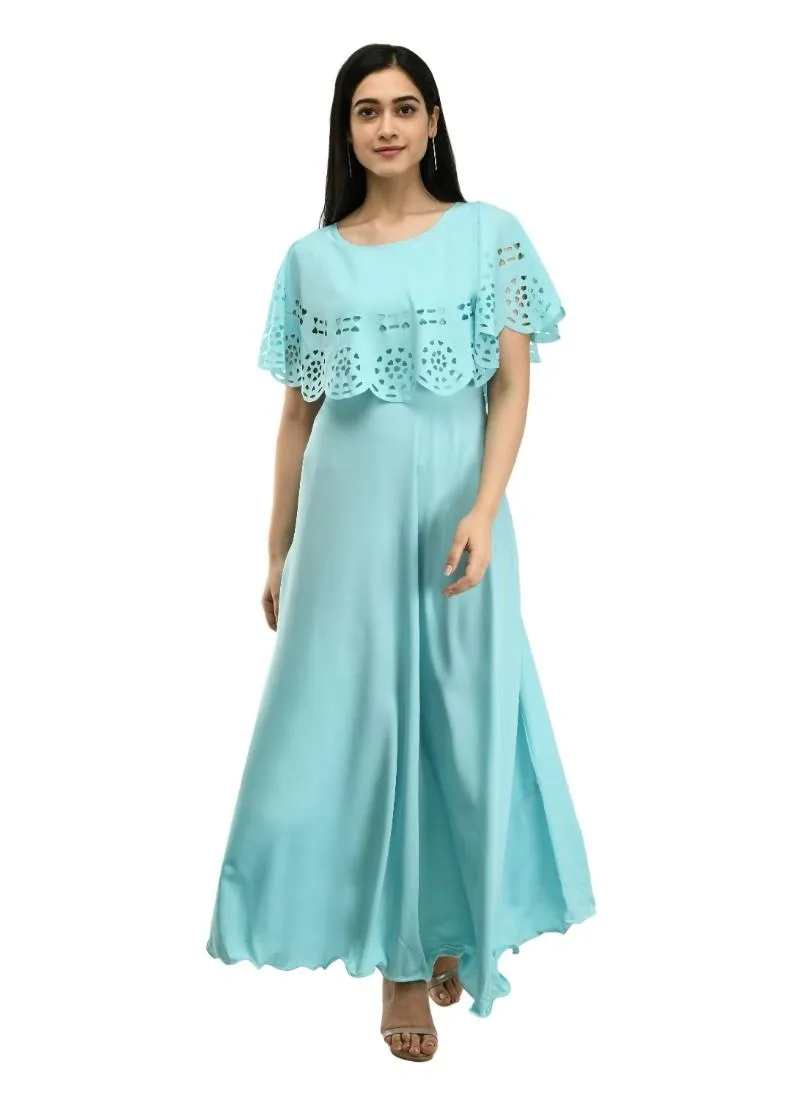 Generic Women's Crepe Solid Sleeveless Full Length Gown(Light Blue)