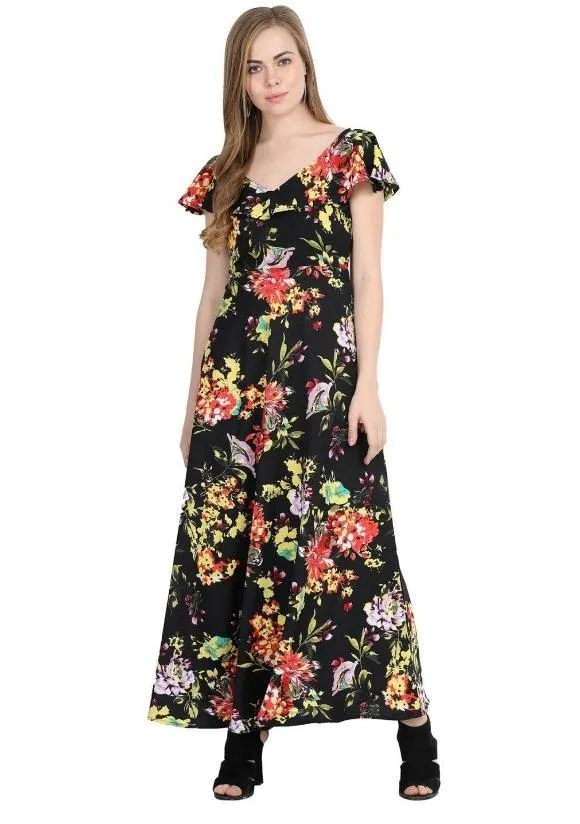 Generic Women's Crepe Floral Half Sleeves Full Length Gown(Black)
