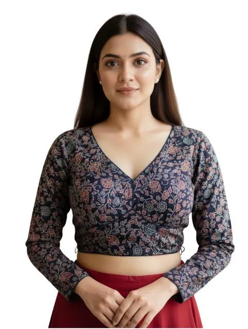 Generic Women's Ajrakh Cotton Printed V-Neck Padded Blouse (Navy 38 Ready (Self Alterable 36–40)