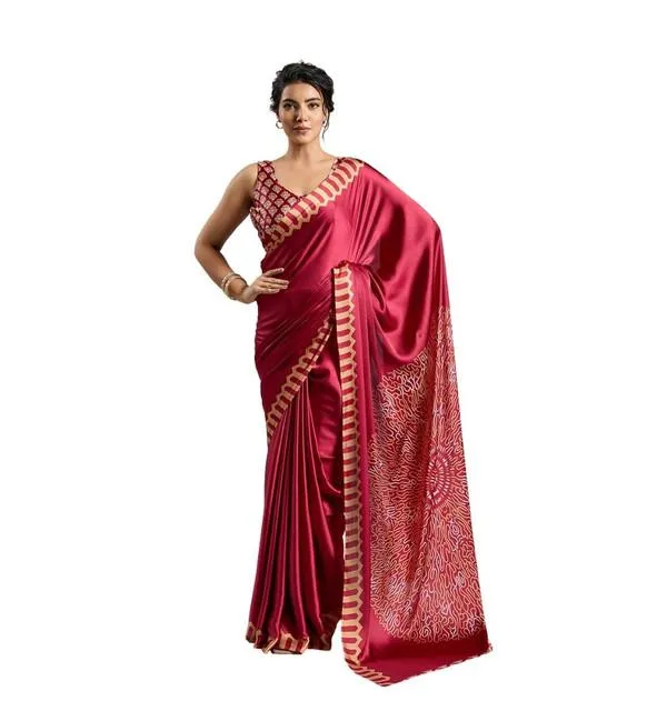 Generic Women's Satin Crepe Printed Saree With Unstitched Blouse 5.5Mtr (Maroon)