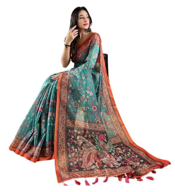 Generic Women's Linen Printed Saree With Unstitched Blouse 5.5Mtr (Olive)