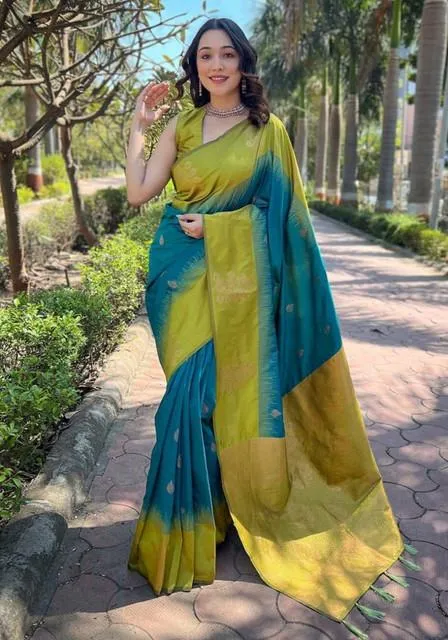 Generic Women's Soft Lichi Silk Printed Saree With Unstitched Blouse 5.5Mtr (Green)
