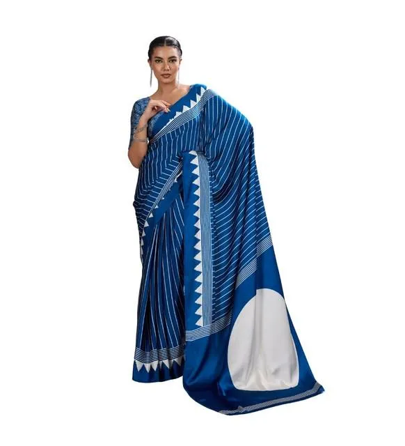 Generic Women's Satin Crepe Printed Saree With Unstitched Blouse 5.5Mtr (Blue)