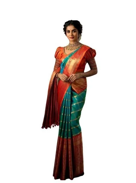 Generic Women's Soft Lichi Silk Printed Saree With Unstitched Blouse 5.5Mtr (Green)