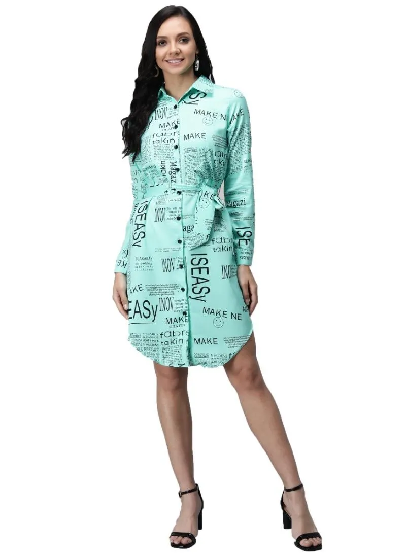 Generic Women's Crepe Paper Print Full Sleeve Short Tops(Blue)