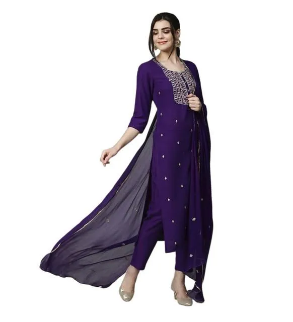 Generic Women's Tesla Silk Embroidered U-Neck Kurti With Pant Dupatta Set (Dark Purple)