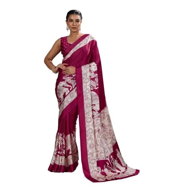 Generic Women's Satin Crepe Printed Saree With Unstitched Blouse 5.5Mtr (Maroon)
