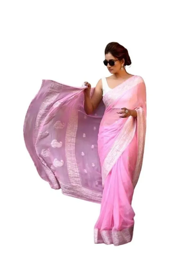 Generic Women's Soft Lichi Silk Printed Saree With Unstitched Blouse 5.5Mtr (Pink)
