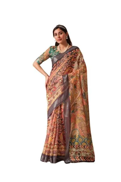 Generic Women's Faux_Linen Printed Saree With Unstitched Blouse 5.5Mtr (Orange)