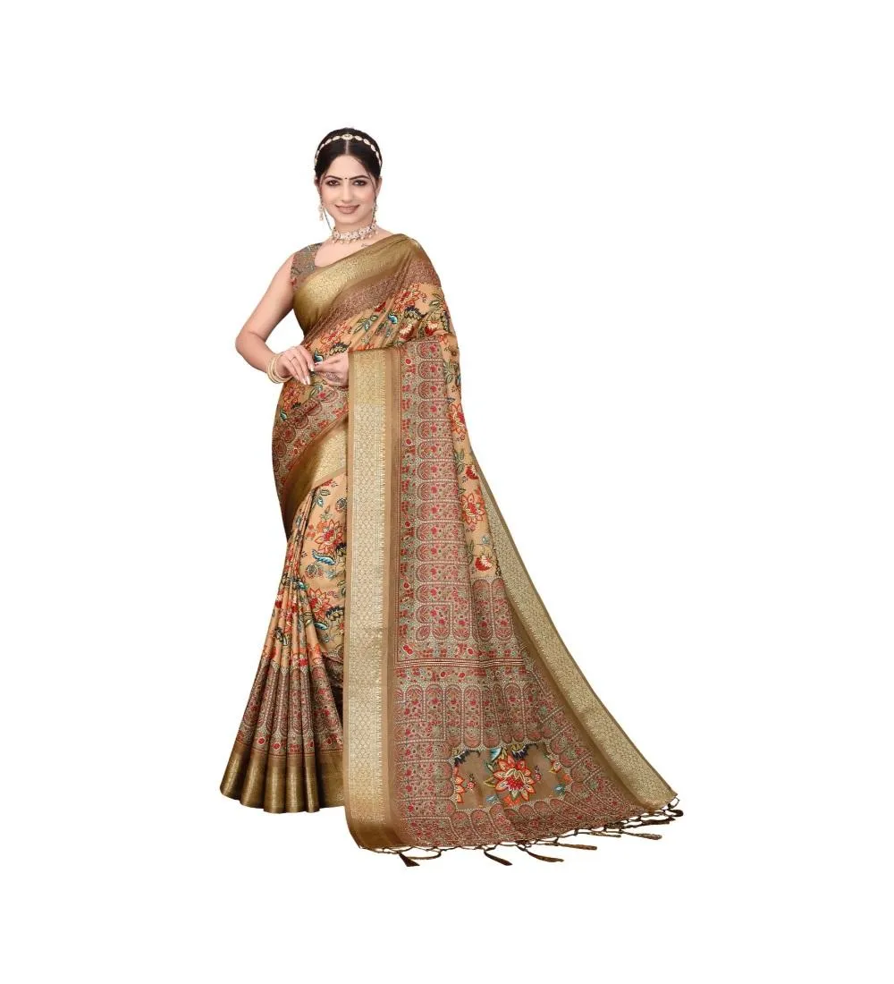 Generic Women's Cotton Silk  Printed Saree With Unstitched Blouse 5.5Mtr (Peach)
