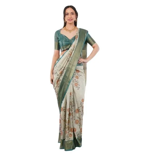 Generic Women's Polyester Printed Ready To Wear Saree With Unstitched Blouse 5.5 Mtr (Beige)