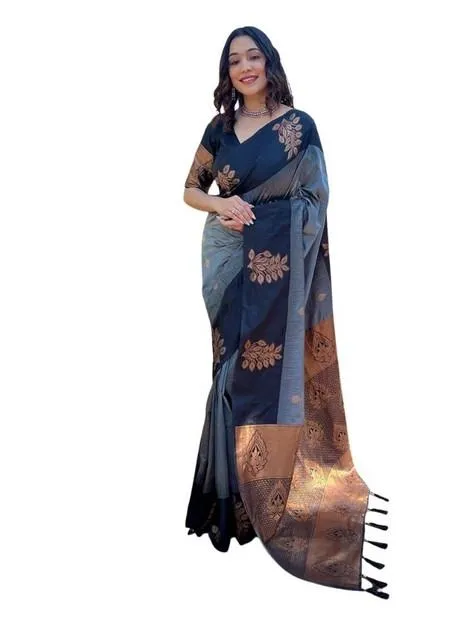 Generic Women's Soft Lichi Silk Printed Saree With Unstitched Blouse 5.5Mtr (Grey)
