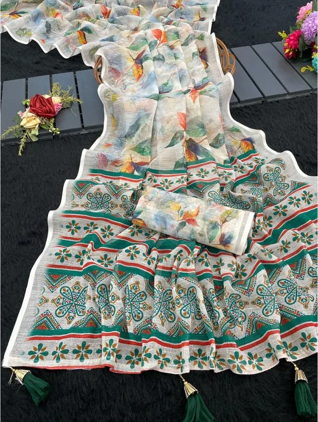 Generic Women's Linen Cotton  Printed Saree With Unstitched Blouse 5.5Mtr (Green)