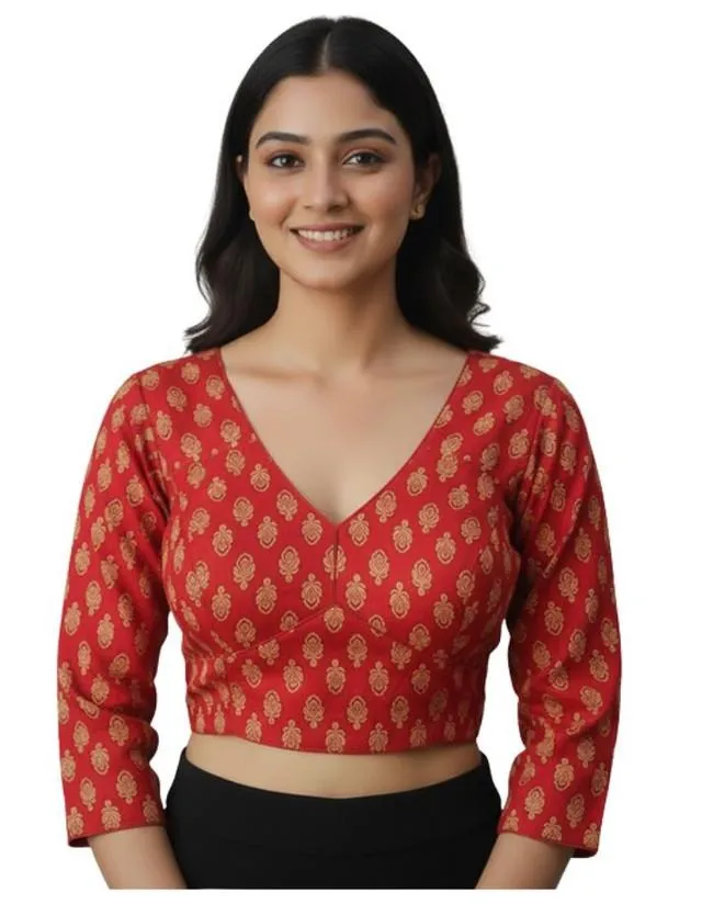 Generic Women's Ajrakh Cotton Printed Halter Neck Padded Blouse (Red 38 Ready (Self Alterable 36–40)