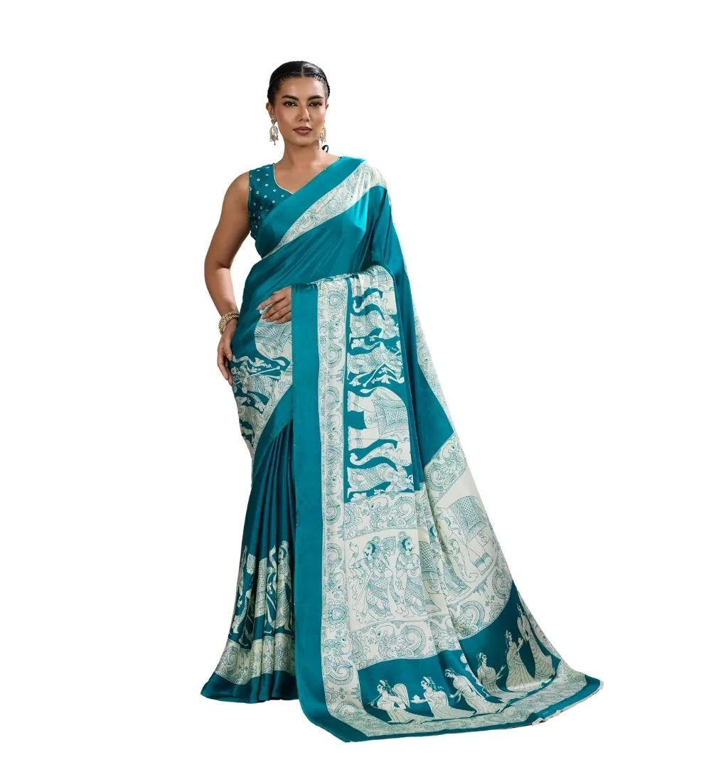 Generic Women's Satin Crepe Printed Saree With Unstitched Blouse 5.5Mtr (Sky Blue)