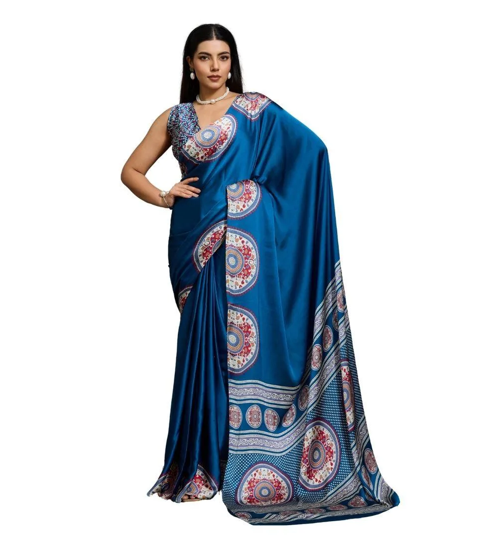 Generic Women's Satin Crepe Printed Saree With Unstitched Blouse 5.5Mtr (Blue)