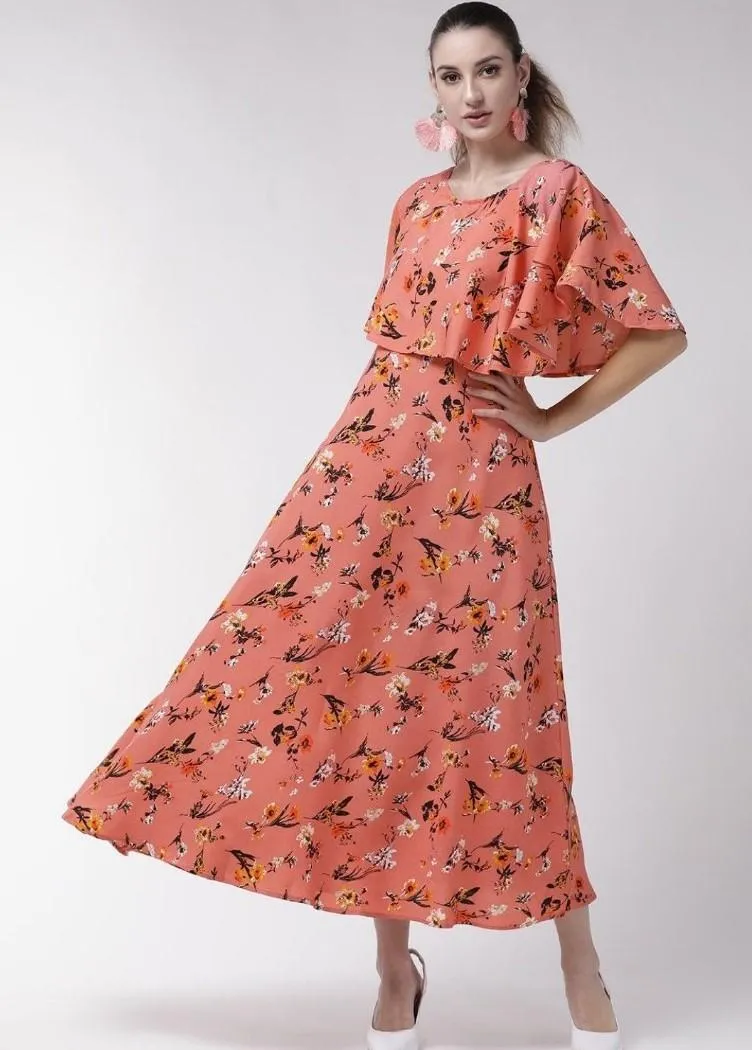 Generic Women's Crepe Floral Half Sleeves Full Length Gown(Orange)